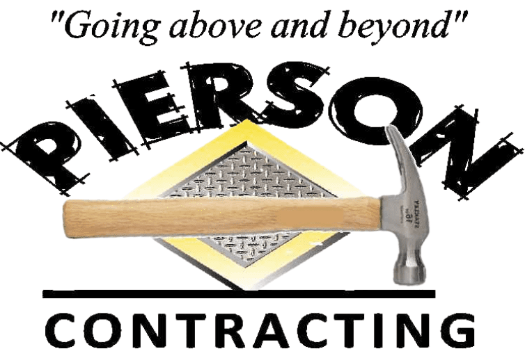 mkmmm Logo for Pierson Contracting featuring a hammer, a diamond plate background, and the slogan "Going above and beyond.