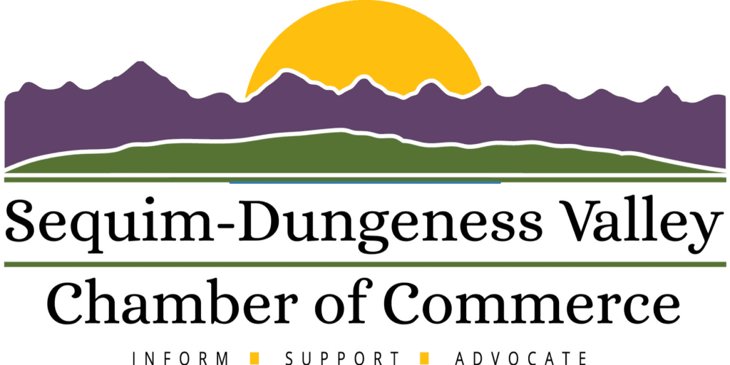 ChamberLogo-1024x512 Logo for Sequim-Dungeness Valley Chamber of Commerce featuring a sunrise over purple mountains, with the words "Inform," "Support," and "Advocate" at the bottom.